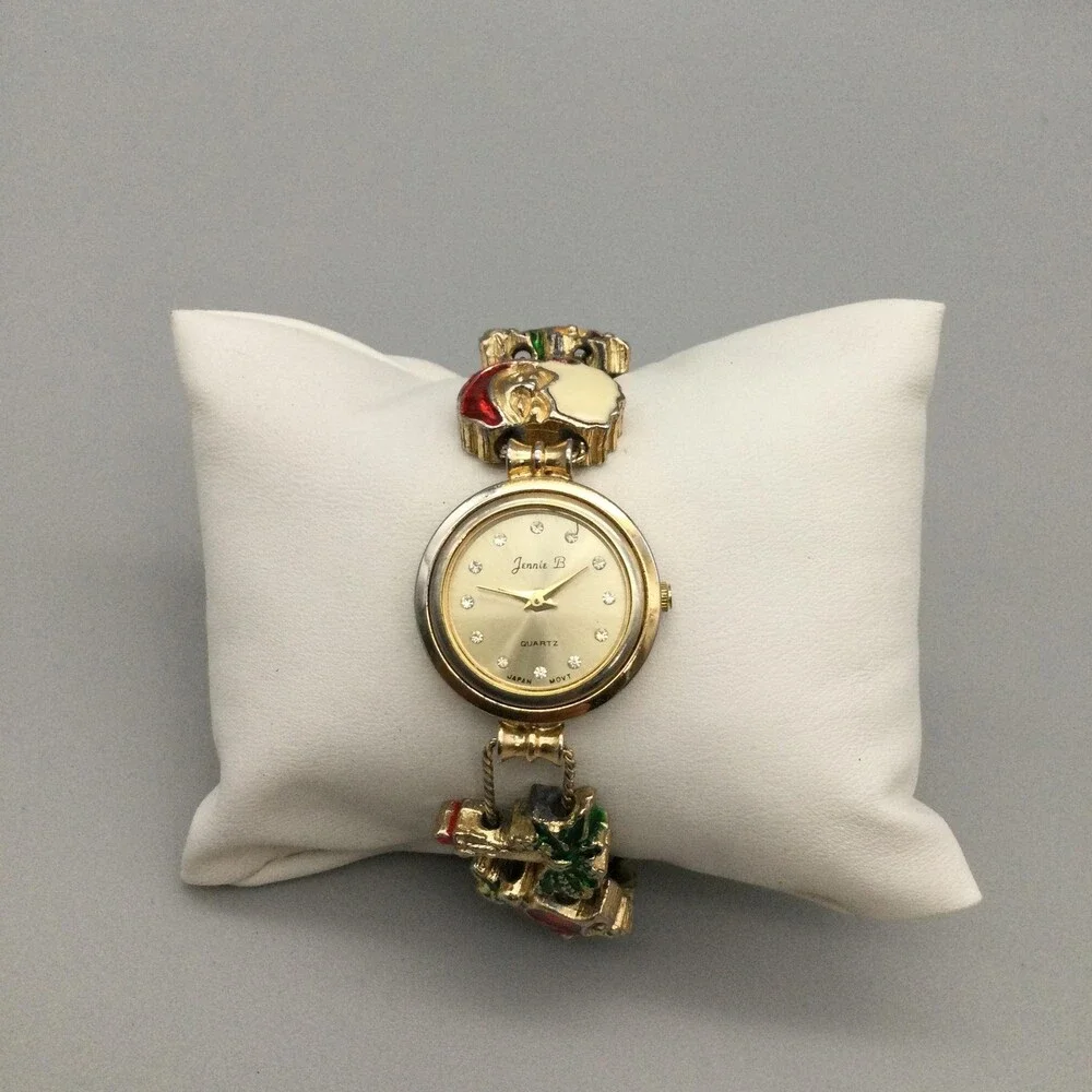 Jennie B Womens Watch 24mm Gold Tone Christmas Charms New Battery 7.75